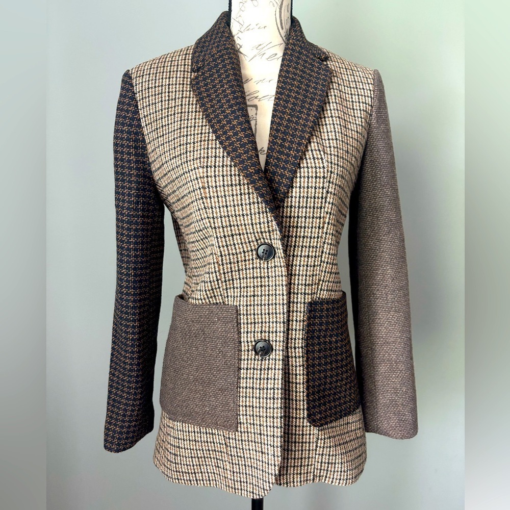 BB Dakota Patchwork Plaid Blazer Mixed Brown Black Plaid Jacket XS New With Tags